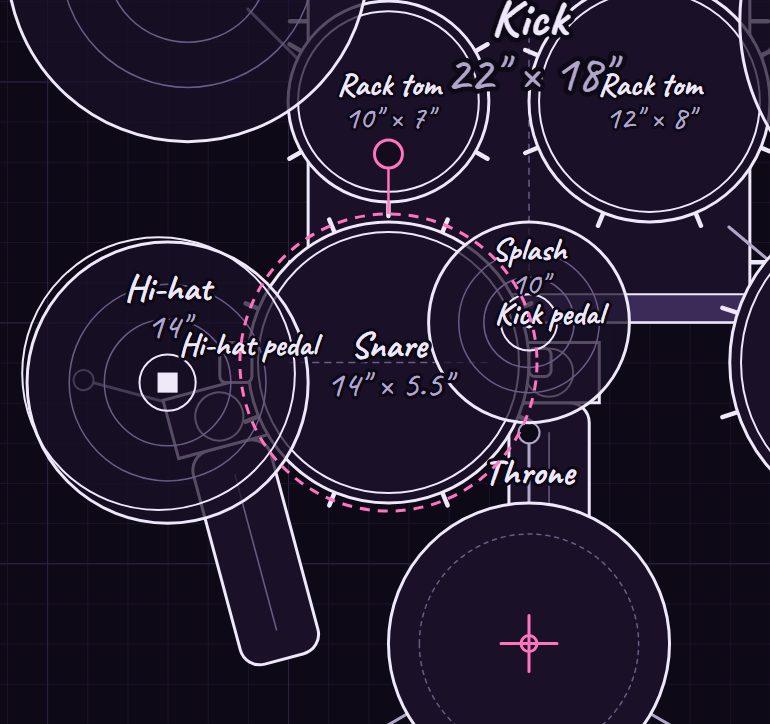 The snare selected, with its dashed outline and pink rotate handle.