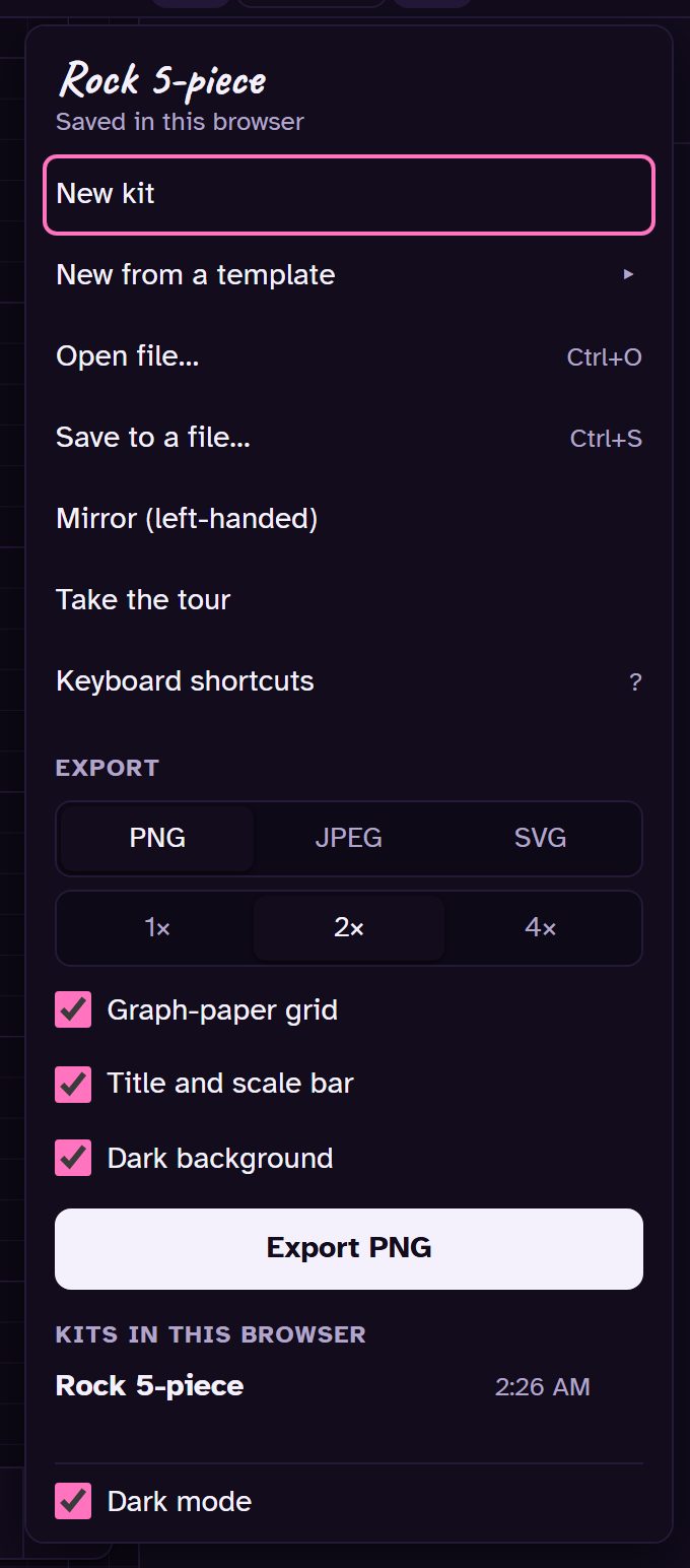 The File menu with New kit, Open, Save, Mirror, Take the tour, the export options and the saved kits.