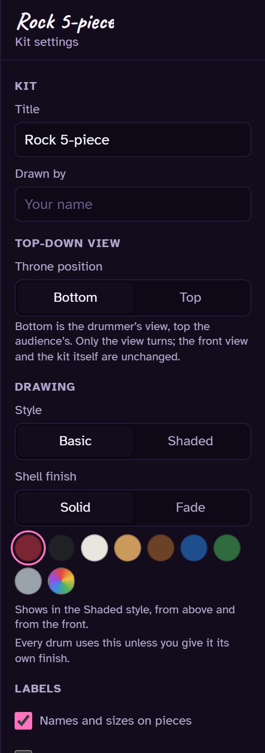 The kit settings panel with title, throne position, drawing style and shell finish.