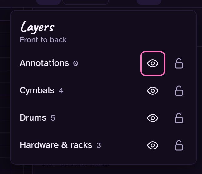 The Layers menu with Annotations, Cymbals, Drums and Hardware, each with show and lock buttons.