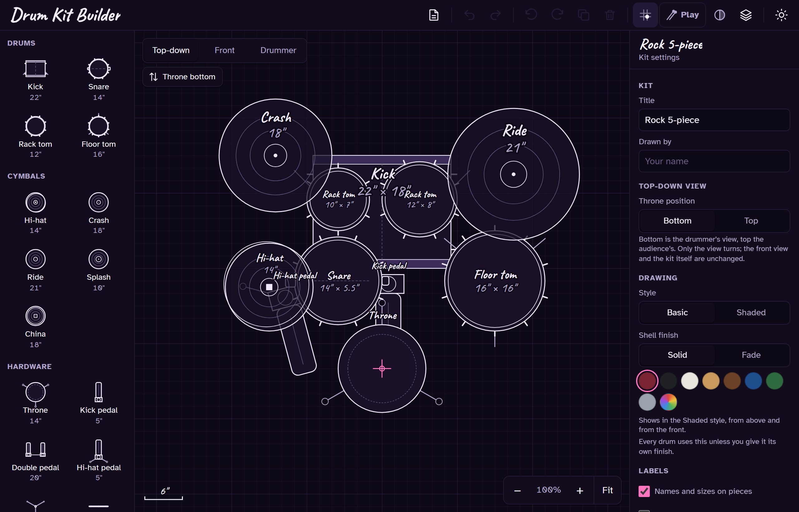 Drum Kit Builder with a rock 5-piece kit drawn from above, the pieces palette on the left and the kit's settings on the right.