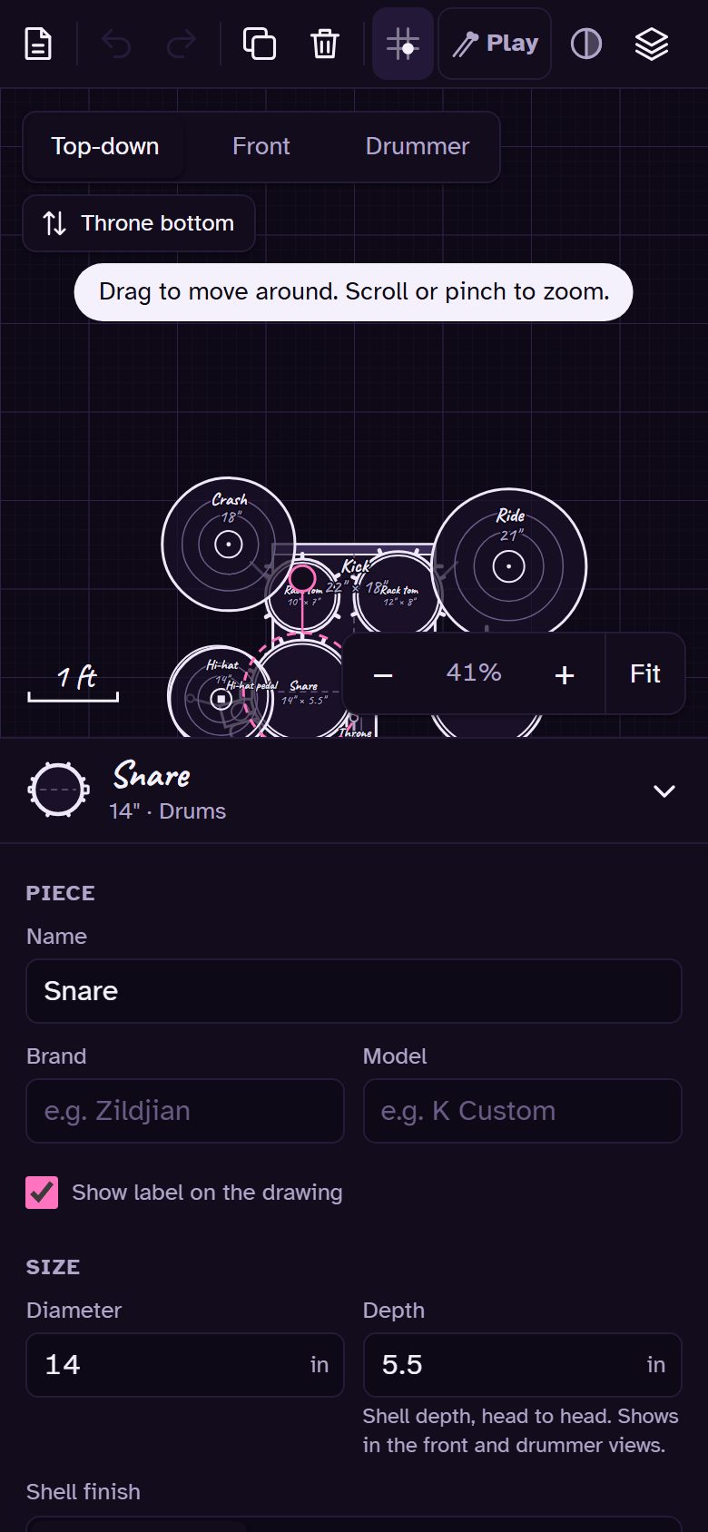The settings sheet open for the snare on a phone.