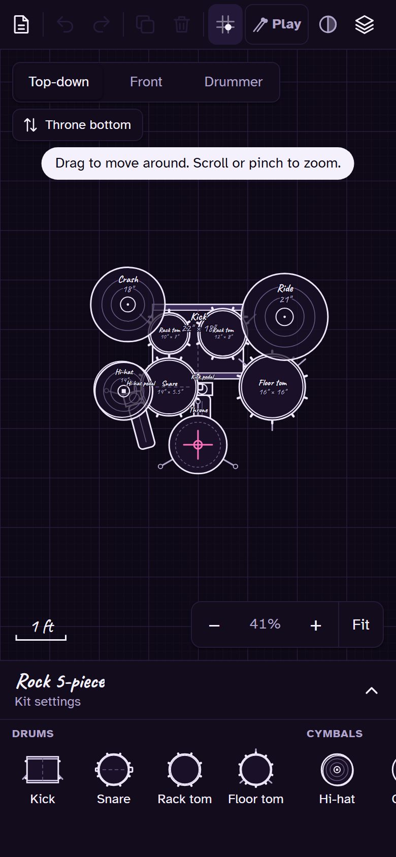 The app on a phone with the kit and the bottom palette.