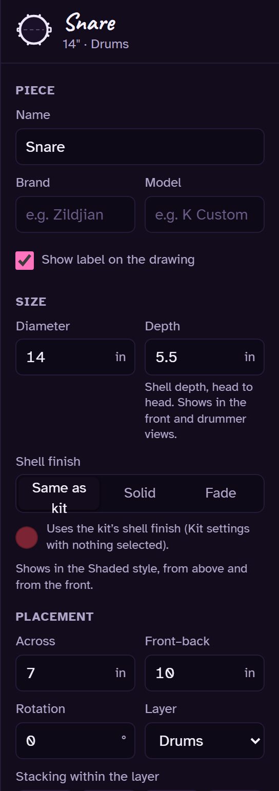 The settings panel for the snare: name, brand, model, size, finish and placement.