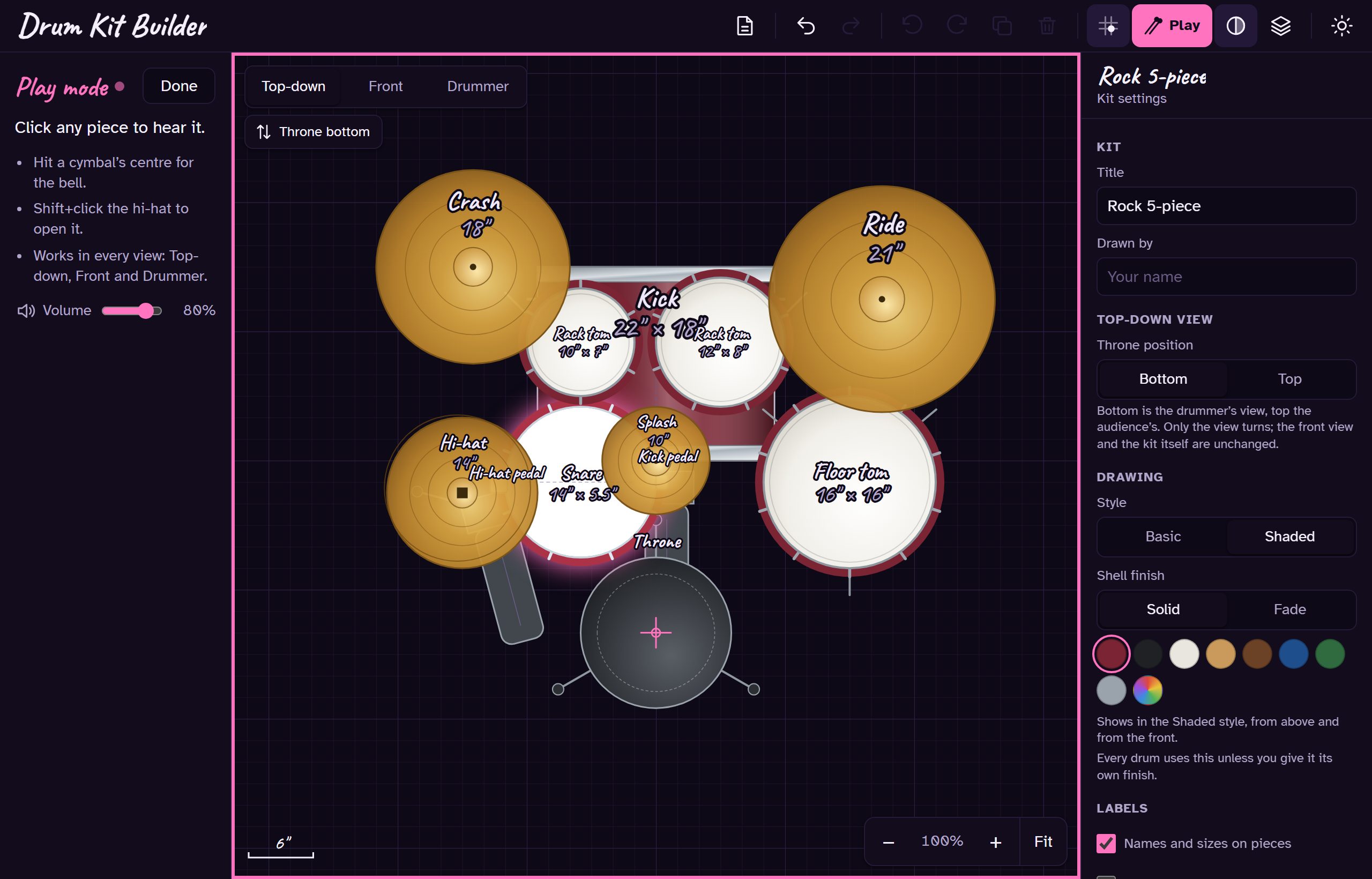 Play mode: the play panel on the left, a pink frame round the paper and the snare lit up.