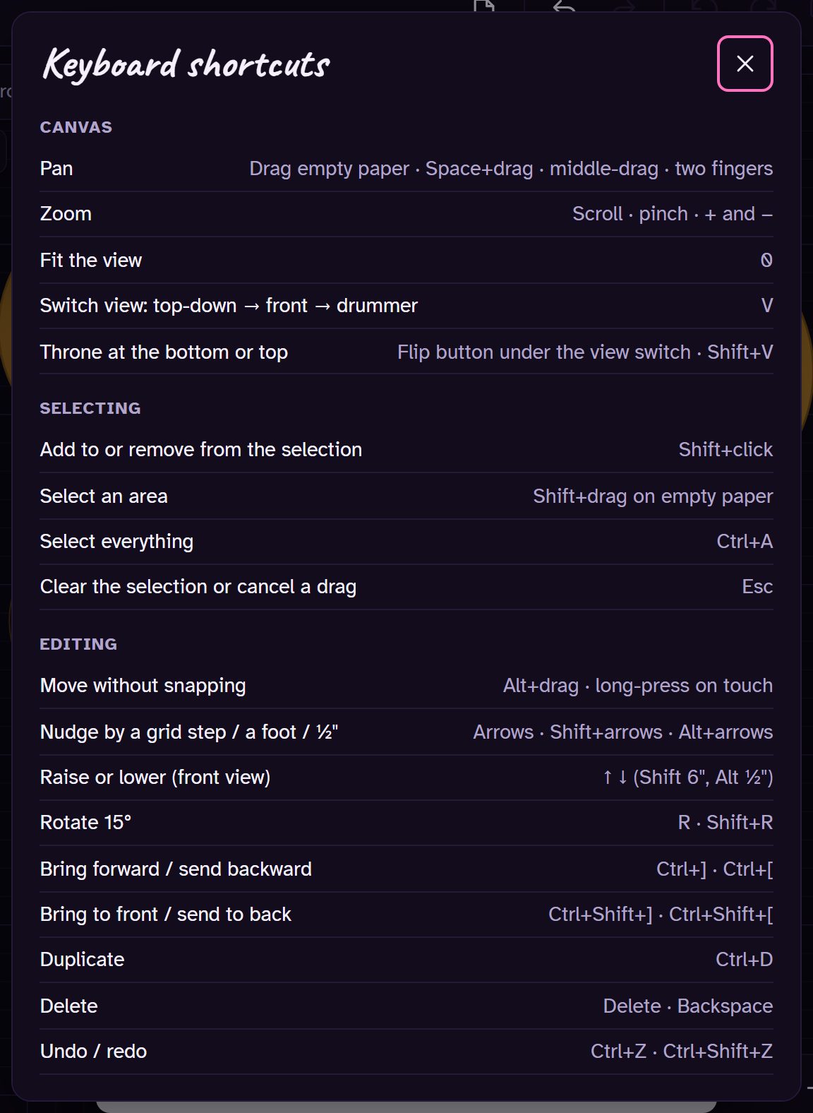 The in-app keyboard shortcuts list.