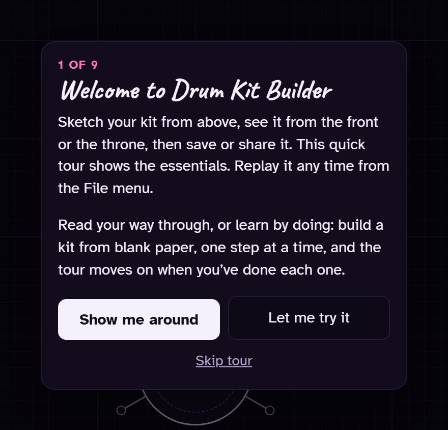 The welcome card with Show me around, Let me try it and Skip tour.